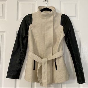 H&M Cream Tweed Coat w/ Faux Leather Sleeves sz 2